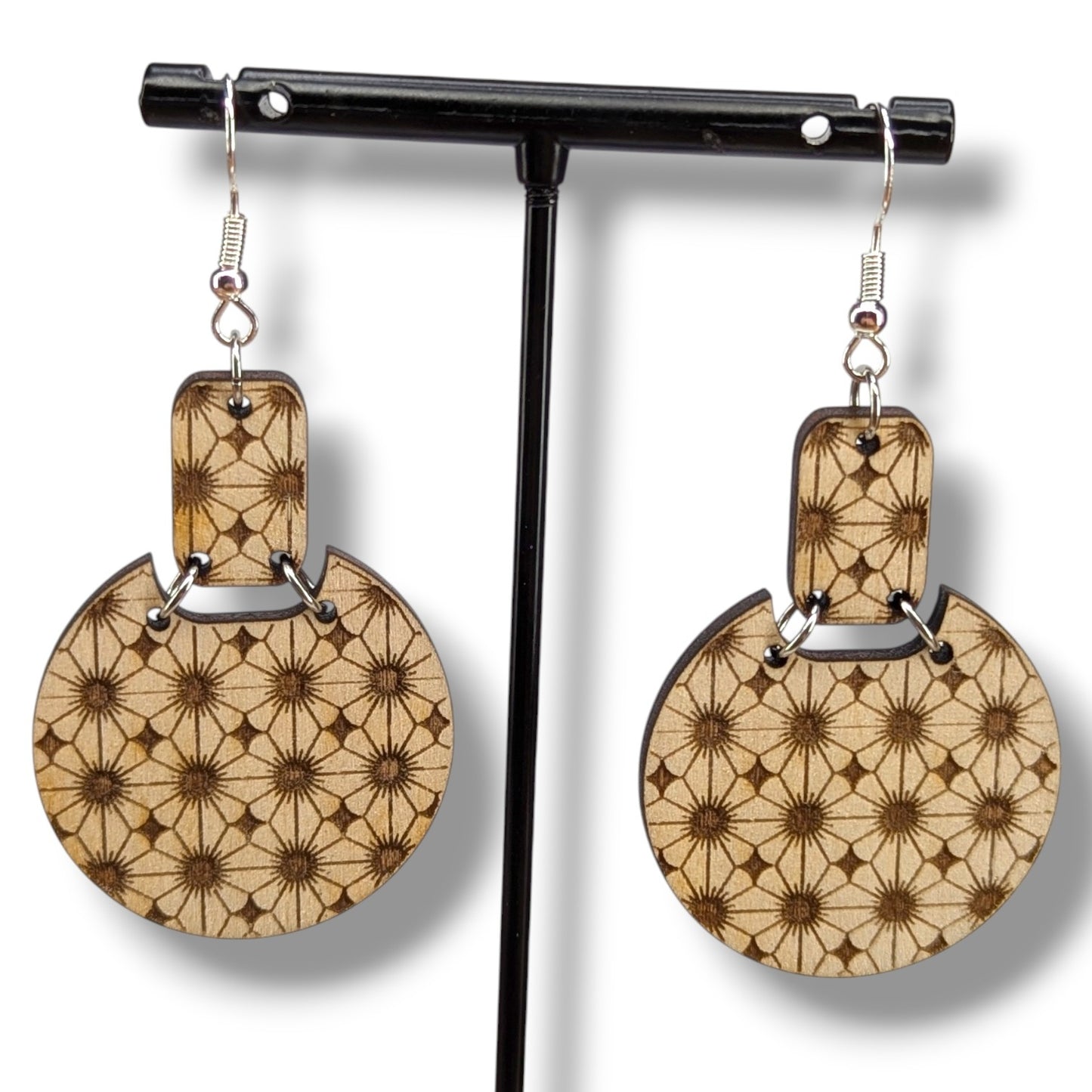 Tiny Floral Geometric Wood Earrings