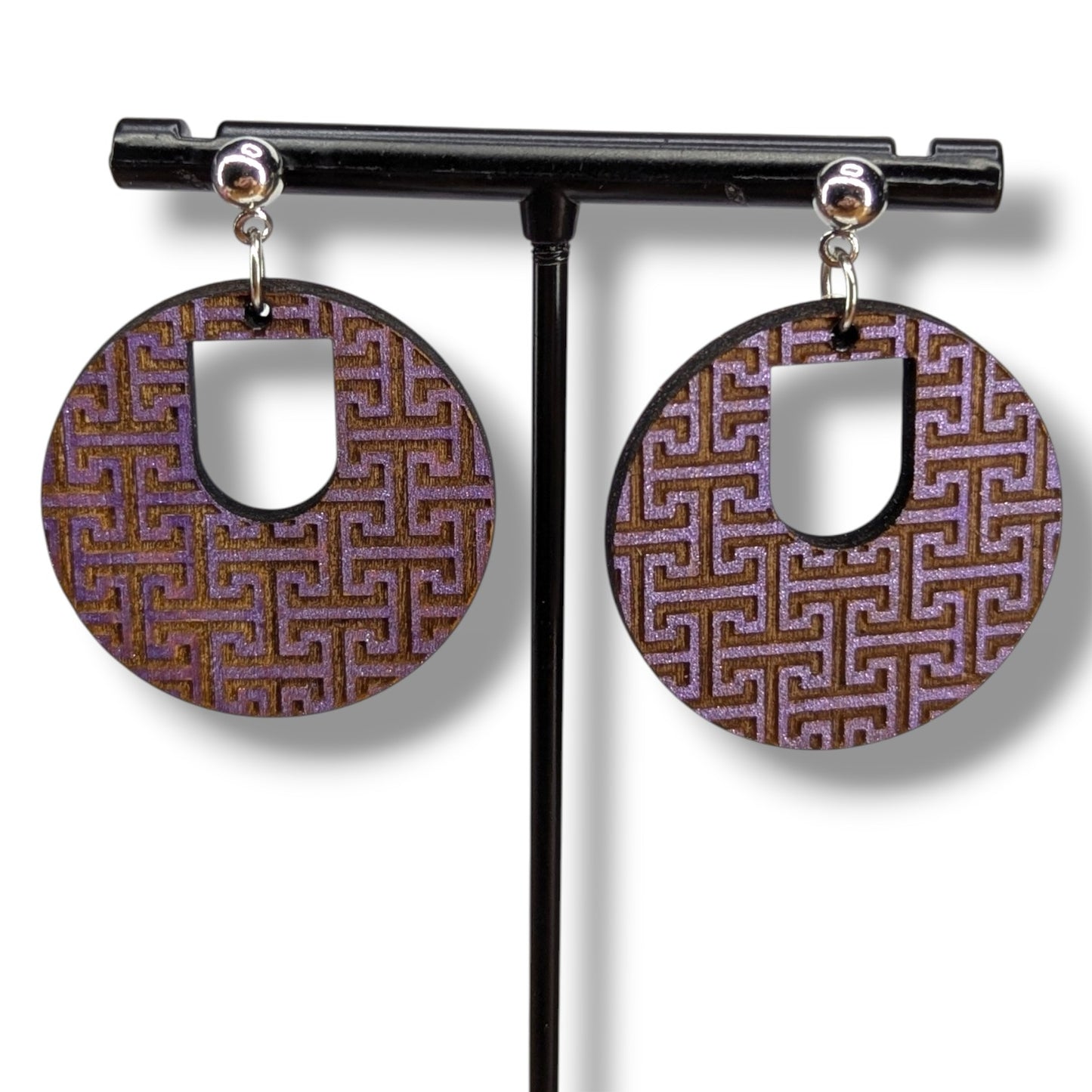 Modern Greek Key Wood Earrings