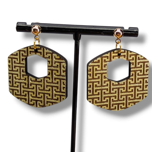 Modern Greek Key Wood Earrings