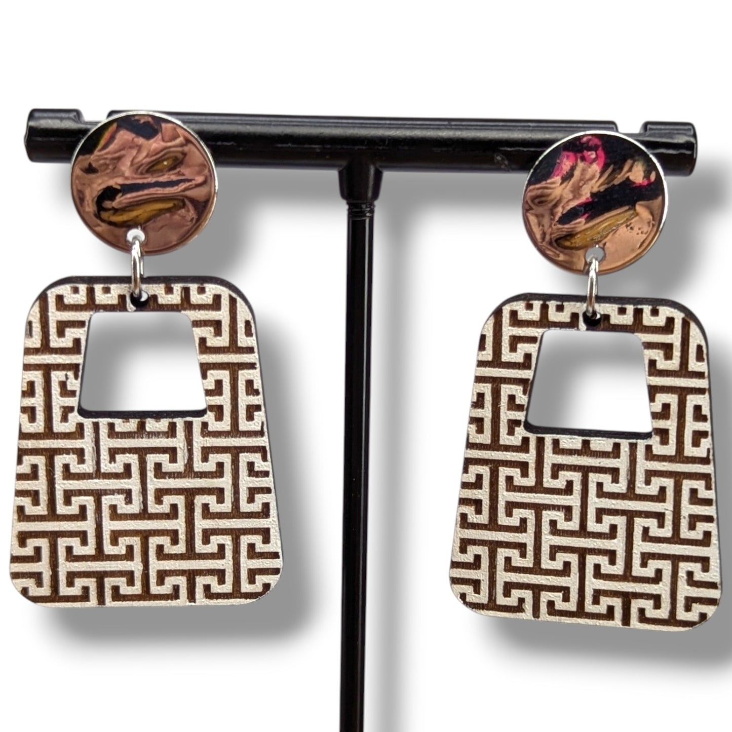 Modern Greek Key Wood Earrings