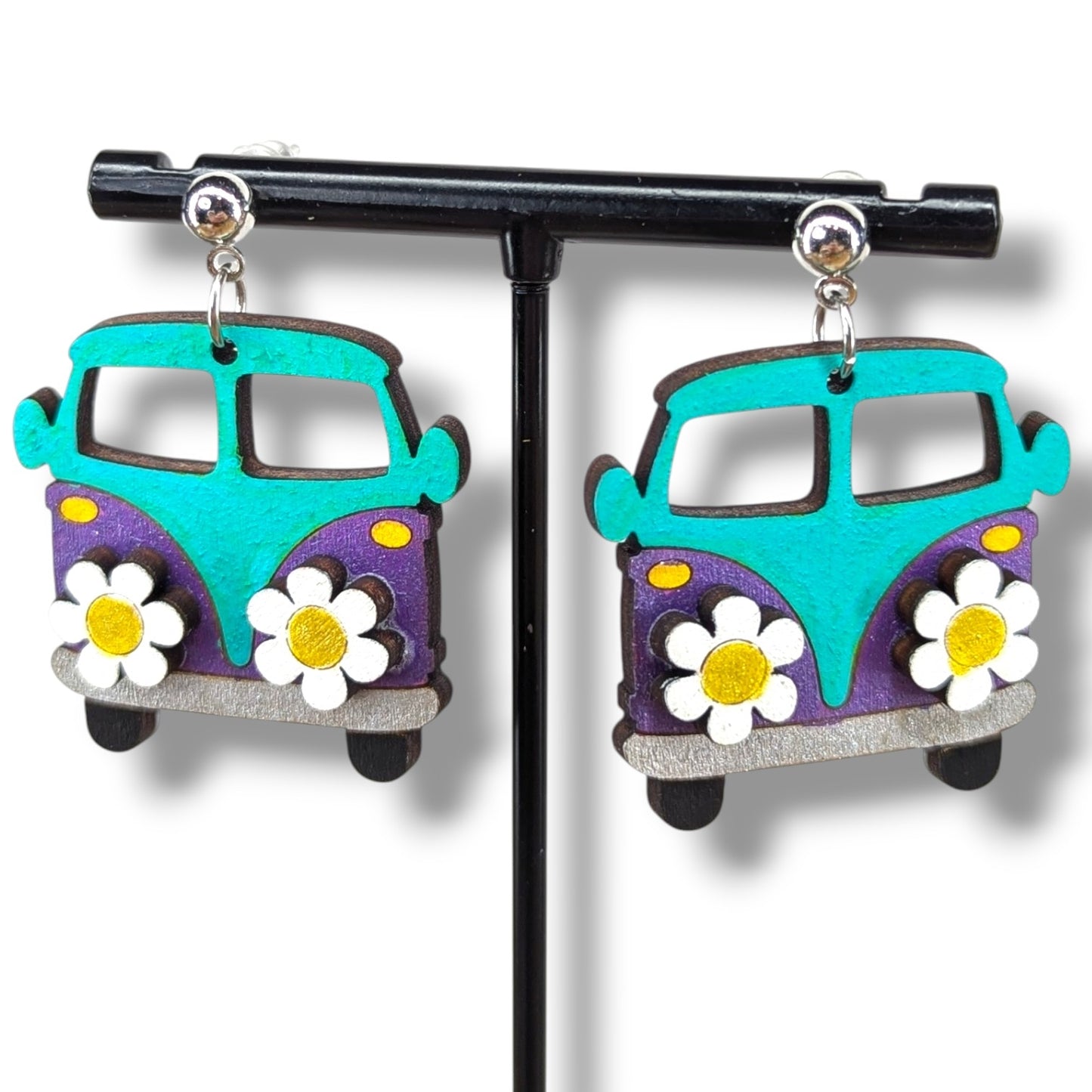 Retro Flower Bus Wood Dangle Earrings