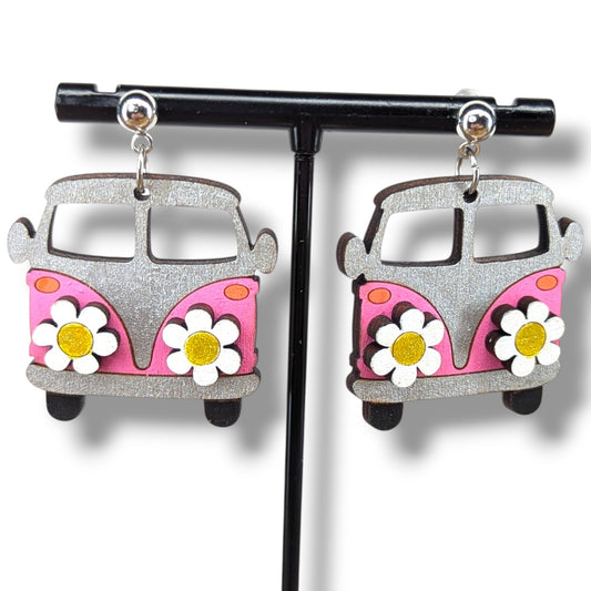 Retro Flower Bus Wood Dangle Earrings