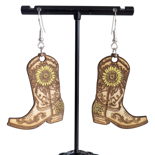 Sunflower Boot Wooden Earrings