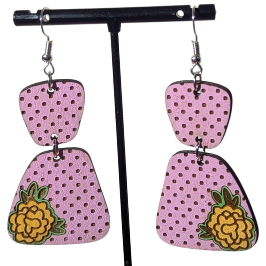 Polka Dot Flower Wood Earrings